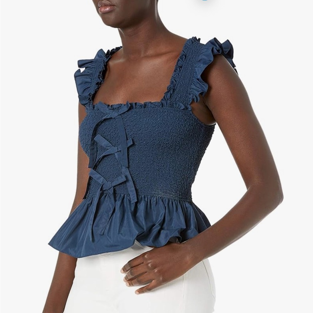 Cinq A Sept Dorothy Smocked Ruffle Top peacock Blue Sz XS looks 100% new